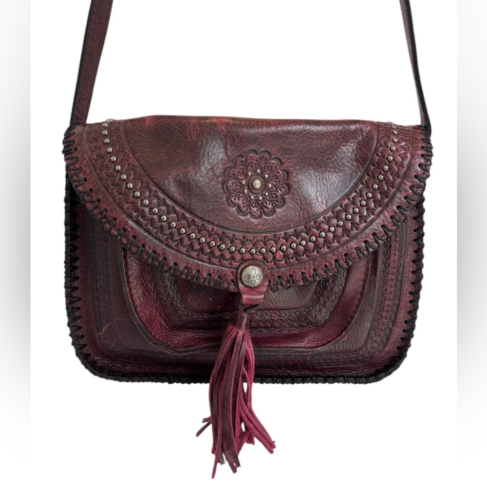 Patricia Nash Beaumont Leather Crossbody Shoulder Bag Floral Tooled Tassel Wine